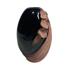 hand-crafted ceramic studio pottery vase high-gloss black glaze w terracotta